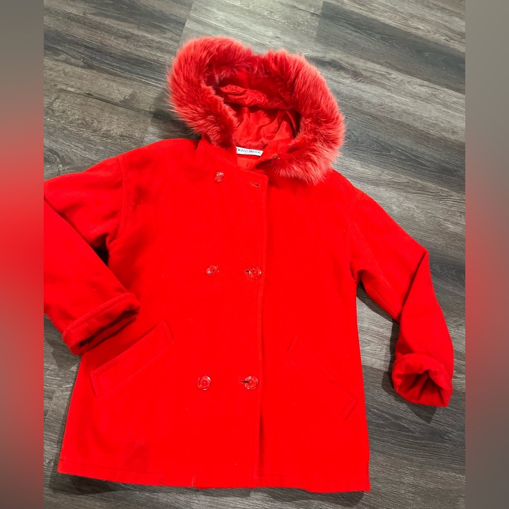 DONNY BROOK  Ladies size 8 RED jacket hooded parka RARE faux Fur Red Trim
